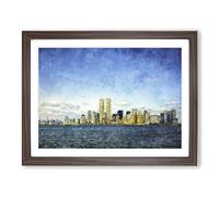 New York Skyline With The Twin Towers Painting Modern Art Framed Print | A2 Walnut Framed Wall Art | Ready to Hang | Modern Cityscape Picture | Living Room Bedroom Lounge Office