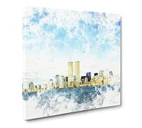 New York Skyline with the Twin Towers Watercolour Canvas Print | Gallery Wrapped 30mm Frame Wall Art | 20x20 inches | Ready to Hang | Modern Cityscape Picture | Living Room Bedroom Lounge Office