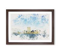 New York Skyline with The Twin Towers Watercolour Framed Print | A2 Walnut Framed Wall Art | Ready to Hang | Modern Cityscape Picture | Living Room Bedroom Lounge Office