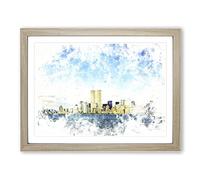 New York Skyline With The Twin Towers Watercolour Modern Framed Print | A3 Oak Framed Wall Art | Ready to Hang | Modern Cityscape Picture | Living Room Bedroom Lounge Office