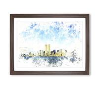 New York Skyline With The Twin Towers Watercolour Modern Framed Print | A3 Walnut Framed Wall Art | Ready to Hang | Modern Cityscape Picture | Living Room Bedroom Lounge Office
