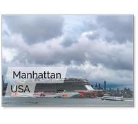New York, USA: Cruise Ship Norwegian Joy Sailing Next to Manhattan in New York. Skyline of New York Manhattan Cruising on The River Cruise Liner NCL Design 1, Fridge Magnet