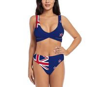 New Zealand Flag Print Women Swimsuit, Women's High-Waisted Bikini Set, Two-Piece Sport Bathing Suits Black