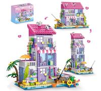 NEWABWN 3 in 1 Pink Beach House Building Set for Girls with Light, Seaside Villa Friends Building Toys, Compatible with Lego Friends, Educational Building Toy