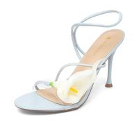 NEWBELLA Women's Open Toe Stiletto Heel Sandals - Calla Lily Floral Decor, Transparent Ankle Wrap Straps, Dressy Heels for Summer Beach, Wedding, Party & Birthday, Blue, 6 UK