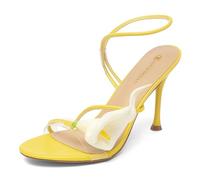 NEWBELLA Women's Open Toe Stiletto Heel Sandals - Calla Lily Floral Decor, Transparent Ankle Wrap Straps, Dressy Heels for Summer Beach, Wedding, Party & Birthday, Yellow, 5 UK