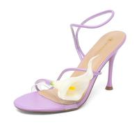 NEWBELLA Women's Open Toe Stiletto Heel Sandals - Calla Lily Floral Decor, Transparent Ankle Wrap Straps, Dressy Heels for Summer Beach, Wedding, Party & Birthday, Purple, 6 UK