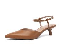 NEWBELLA Women's Pointed Toe Kitten Heels with Ankle Strap, Studded Decor Slip-On Pumps for Wedding Office Party, Brown, 9 UK