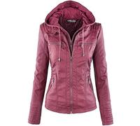 Newbestyle Faux Leather Jacket for Women Hooded Moto Biker Jacket Full-zip Long Sleeve Outwear Tops Vivid Burgundy 2XL