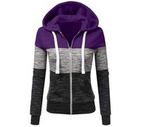 Newbestyle Hoodies for Women Color Block Hooded Sweatshirt Basic Zip-Up Jersey Jacket Long Sleeve Top with Pockets Plus Size Purple 2XL