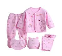 Newborn Baby 5pcs Cotton Clothing Set Essentials Bundle Caring Gift (Hat+Bib+Pajamas Suit+Pants) 0-3 Months Pink