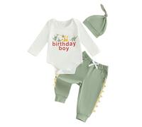 Newborn Baby Boy 1st Birthday Outfits Long Sleeve Dinosaur Letter Print Romper Bodysuit Animal Pant Hat 3Pcs Set 1st Birthday Clothes for Boys (Green Birthday Boy, 6-12 Months)