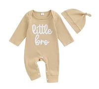 Newborn Baby Boy 2Pcs Outfit Clothes Long Sleeve Bodysuit Little Bro Letter Print Romper Waffle Knit Jumpsuit Hat Fall Winter Clothes (Khaki, 0-3 Months)