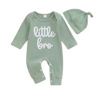 Newborn Baby Boy 2Pcs Outfit Clothes Long Sleeve Bodysuit Little Bro Letter Print Romper Waffle Knit Jumpsuit Hat Fall Winter Clothes (Green, 6-12 Months)