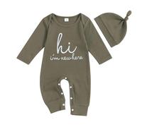 Newborn Baby Boy 2Pcs Outfit Clothes Long Sleeve Bodysuit Little Bro Letter Print Romper Waffle Knit Jumpsuit Hat Fall Winter Clothes (A Green, 3-6 Months)