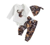 Newborn Baby Boy Clothes 3Pcs Fall Baby Outfits Long Sleeve Eagle Print Romper + Pants + Hat Set Infant Clothes Baby Clothing Set (Deer Black, 3-6 Months)