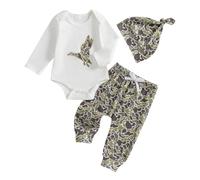 Newborn Baby Boy Clothes 3Pcs Fall Baby Outfits Long Sleeve Eagle Print Romper + Pants + Hat Set Infant Clothes Baby Clothing Set (Fly Bird Army Green, 3-6 Months)