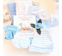 Newborn Baby Boy Clothes and Keepsake Book Gift Set Essentials for Baby Shower Gifting and The New Parents Gifts 0-3 Mths Boy Blue Vest Socks hat Mitts Welcome to The World
