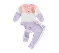 Newborn Baby Boy Clothes Baby Outfit Clothing Set 2PCS Long Sleeve Striped Romper And Solid Color Pants Sets Personalised Baby Grow (Contrast Color Purple, 6-12 Months)