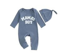 Newborn Baby Boy Coming Home Outfit Clothes Long Sleeve MAMA’S BOY Letter Print Romper Ribbed Knit Jumpsuit Hat Fall Bodysuit (Blue, 3-6 Months)
