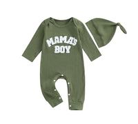 Newborn Baby Boy Coming Home Outfit Clothes Long Sleeve MAMA’S BOY Letter Print Romper Ribbed Knit Jumpsuit Hat Fall Bodysuit (Green, 6-12 Months)