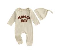 Newborn Baby Boy Coming Home Outfit Clothes Long Sleeve MAMA’S BOY Letter Print Romper Ribbed Knit Jumpsuit Hat Fall Bodysuit (Beige, 6-12 Months)