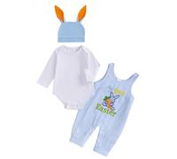 Newborn Baby Boy Easter Outfit My First Easter Clothes Bunny Onesie Long Romper Headband Long Pants Sets for Spring Summer (White, 3-6 Months)