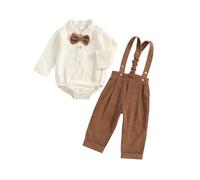 Newborn Baby Boy Gentleman Suit 0-24M Toddler Infant Boys Fall Winter Outfit Solid Color Long Sleeve Rompers With Bow Tie Shirts and Suspender Pants 2 Piece Clothes Set (Brown, 12-18 Months)