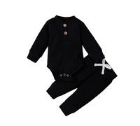 Newborn Baby Boy Girl Clothing Set Ribbed Outfits Infant Solid Long Sleeve Bodysuit Tops Pants 2PCS Winter Clothes Long Sleeve Knitted Cotton Romper Pants Infant Winter Sets (Black, 12-18 Months)