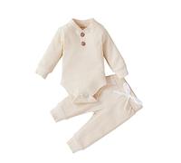 Newborn Baby Boy Girl Clothing Set Ribbed Outfits Infant Solid Long Sleeve Bodysuit Tops Pants 2PCS Winter Clothes Long Sleeve Knitted Cotton Romper Pants Infant Winter Sets (B, 12-18 Months)
