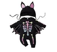 Newborn Baby Boy Girl Halloween Outfits My 1st Halloween Bat with The Skeleton Outfits Unisex Baby One-Piece Bat Romper with Hat for 0-24 Months Infant Red