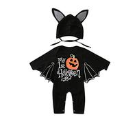Newborn Baby Boy Girl My 1st Halloween Bat with the Skeleton Outfits Unisex Baby 1 piece Bat Romper with Hat for 0-24 Months Infant Hoodie Outfits Ear Hat Halloween Costumes (03 Black, 0-3 Months)