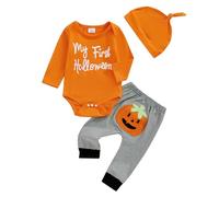 Newborn Baby Boy Halloween Outfit Clothes Long Sleeve Letter Print Romper Top Pumpkin Elastic Trouser Set Hat 3Pcs Fall Tracksuit (Orange, 0-3 Months)