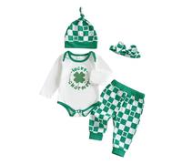 Newborn Baby Boy My First St. Patrick's Day Outfits Long Sleeve Romper Clover Print Pants Hat 3Pcs Irish Clothes Set (Zf White, 6-9 Months)