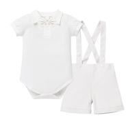 Newborn Baby Boys 3Pcs Christening Outfit Gentleman Bowtie Shirt Romper Suspenders Strap Shorts Pants Formal Kids Party Wedding Outfit Tuxedo Baptism Clothing Sets Photo Shoot Ivory 0-6 Months