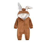 Newborn Baby Boys Girls 3D Bunny Ear Jumpsuit Solid Color Hoodie Romper Playsuit Zipper Bodysuit One Piece Fall Winter Clothes Velvet Brown 59 0-3 Months