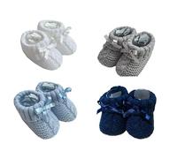 Newborn Baby Boys Girls Gift Set of 4 Pairs Cute Acrylic Knitted Booties| Soft Cable knit Baby Shoes With Ribbon Bow| 0-3 Months| One Size| New Born Gift Idea, Baby Shower, Christmas Gifts (Blue Set)