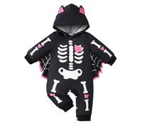 Newborn Baby Boys Girls Halloween Skeleton Outfits Long Sleeve Hooded Jumpsuit Halloween Fancy Dress Dungarees Cute Heart Print Overalls (Black, 12-18 Months)