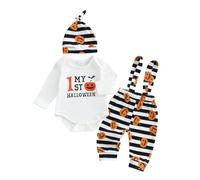 Newborn Baby Boys My 1st First Halloween Outfits 3pcs Set Long Sleeve Pumpkin Ghost Letters My First Halloween Print Romper Bodysuit Spaghetti Straps Long Pants with Hat (White 4, 0-3 Months)