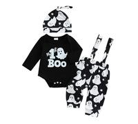 Newborn Baby Boys My 1st First Halloween Outfits 3pcs Set Long Sleeve Pumpkin Ghost Letters My First Halloween Print Romper Bodysuit Spaghetti Straps Long Pants with Hat (Black 2, 0-3 Months)