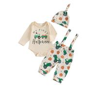 Newborn Baby Boys My 1st First Halloween Outfits 3pcs Set Long Sleeve Pumpkin Ghost Letters My First Halloween Print Romper Bodysuit Spaghetti Straps Long Pants with Hat (Khaki, 0-3 Months)