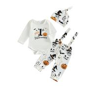 Newborn Baby Boys My 1st First Halloween Outfits 3pcs Set Long Sleeve Pumpkin Ghost Letters My First Halloween Print Romper Bodysuit Spaghetti Straps Long Pants with Hat (White 6, 0-3 Months)