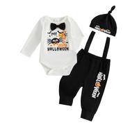 Newborn Baby Boys My 1st First Halloween Outfits 3pcs Set Long Sleeve Pumpkin Ghost Letters My First Halloween Print Romper Bodysuit Spaghetti Straps Long Pants with Hat (White 3, 3-6 Months)