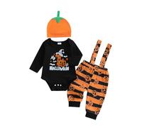 Newborn Baby Boys My 1st First Halloween Outfits 3pcs Set Long Sleeve Pumpkin Ghost Letters My First Halloween Print Romper Bodysuit Spaghetti Straps Long Pants with Hat (Black 3, 6-9 Months)