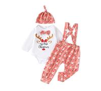 Newborn Baby Boys My First Christmas Clothes 3pcs Set Long Sleeve Letters My First Christmas Print Romper Bodysuit Tops Spaghetti Straps Long Pants with Hat (White 2, 0-6 Months)