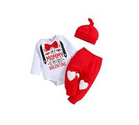 Newborn Baby Boys Valentine's Day Outfits My 1st Valentine's Day Romper Bodysuit Heart Letter Trousers Hat Set (White, 9-12 Months)