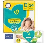 Newborn Baby Bundle Consists of Size 0 Newborn Nappies (24 Pack) with Sensitive Baby Wipes (52 Wipes)