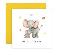 Newborn Baby Celebration Card - 'Hello Little One' - Gifts for Family, Friend, Bestie, BFF, Son, Daughter, Relatives - Elephant Mum and Baby - Comes with Fun Stickers