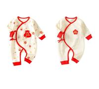Newborn Baby Chinese Outfit Cute Animals Pattern Onesie Long Sleeve Button Up Infant Boys Girls Bodysuit Cotton Jumpsuit Footless Soft Comfy Sleepsuits (Watermelon Red, 3-6 Months)