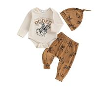 Newborn Baby Cow Boy Outfit Infant Western Clothes Body Trousers Hat Set | Highland Bulls Letter Pattern Long Sleeve Romper Top and Long Pants 3 Piece Spring Autumn Winter Baby Clothing Sets